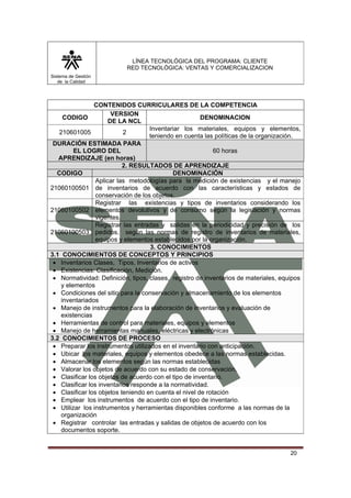 LÍNEA TECNOLÓGICA DEL PROGRAMA: CLIENTE
                           RED TECNOLÓGICA: VENTAS Y COMERCIALIZACION
Sistema de Gestión
   de la Calidad




                CONTENIDOS CURRICULARES DE LA COMPETENCIA
                       VERSION
     CODIGO                                            DENOMINACION
                      DE LA NCL
                                    Inventariar los materiales, equipos y elementos,
   210601005               2
                                    teniendo en cuenta las políticas de la organización.
 DURACIÓN ESTIMADA PARA
         EL LOGRO DEL                                       60 horas
   APRENDIZAJE (en horas)
                           2. RESULTADOS DE APRENDIZAJE
  CODIGO                                     DENOMINACIÓN
                 Aplicar las metodologías para la medición de existencias y el manejo
21060100501 de inventarios de acuerdo con las características y estados de
                 conservación de los objetos.
                 Registrar las existencias y tipos de inventarios considerando los
21060100502 elementos devolutivos y de consumo según la legislación y normas
                 vigentes.
                 Registrar las entradas y salidas en la periodicidad y precisión de los
21060100503 pedidos. según las normas de registro de inventarios de materiales,
                 equipos y elementos establecidos por la organización.
                                    3. CONOCIMIENTOS
3.1 CONOCIMIENTOS DE CONCEPTOS Y PRINCIPIOS
 • Inventarios Clases, Tipos, Inventarios de activos
 • Existencias: Clasificación, Medición.
 • Normatividad: Definición, tipos, clases, registro de inventarios de materiales, equipos
    y elementos
 • Condiciones del sitio para la conservación y almacenamiento de los elementos
    inventariados
 • Manejo de instrumentos para la elaboración de inventarios y evaluación de
    existencias
 • Herramientas de control para materiales, equipos y elementos
 • Manejo de herramientas manuales, eléctricas y electrónicas
3.2 CONOCIMIENTOS DE PROCESO
 • Preparar los instrumentos utilizados en el inventario con anticipación.
 • Ubicar los materiales, equipos y elementos obedece a las normas establecidas.
 • Almacenar los elementos según las normas establecidas
 • Valorar los objetos de acuerdo con su estado de conservación.
 • Clasificar los objetos de acuerdo con el tipo de inventario.
 • Clasificar los inventarios responde a la normatividad.
 • Clasificar los objetos teniendo en cuenta el nivel de rotación
 • Emplear los instrumentos de acuerdo con el tipo de inventario.
 • Utilizar los instrumentos y herramientas disponibles conforme a las normas de la
    organización
 • Registrar controlar las entradas y salidas de objetos de acuerdo con los
    documentos soporte.


                                                                                      20
 
