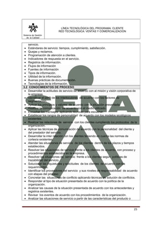 LÍNEA TECNOLÓGICA DEL PROGRAMA: CLIENTE
                           RED TECNOLÓGICA: VENTAS Y COMERCIALIZACION
Sistema de Gestión
   de la Calidad


    servicio.
 • Estándares de servicio: tiempos, cumplimiento, satisfacción.
 • Quejas y reclamos.
 • Programación de atención a clientes.
 • Indicadores de respuesta en el servicio.
 • Registros de información.
 • Flujos de información
 • Fuentes de información
 • Tipos de información.
 • Utilidad de la información.
 • Buenas prácticas de documentación.
 • Tecnologías de la información.
3.2 CONOCIMIENTOS DE PROCESO
 • Desarrollar la actitudes de servicio de acuerdo con al misión y visión corporativa de
    la empresa.
 • Identificar el perfil de los interlocutores de acuerdo con los factores de
    segmentación.
 • Aplicar los principios y valores de acuerdo con la situación presentada.
 • Realizar la comunicación de acuerdo con el medio utilizado.
 • Escuchar los mensajes aplicando técnicas para escuchar.
 • Establecer los rangos de personalidad de acuerdo con los modelos sicológicos
    existentes.
 • Realizar las relaciones de servicio con los clientes cumpliendo los protocolos de la
    organización.
 • Aplicar las técnicas de comunicación de acuerdo con la personalidad del cliente y
    del prestador del servicio.
 • Desarrollar la inter relación con los clientes teniendo en cuenta las normas de
    cortesía existentes.
 • Atender las situaciones de servicio de los clientes dentro de los plazos y tiempos
    establecidos.
 • Resolver las situaciones de servicio frente a los clientes de acuerdo con proceso y
    procedimientos establecidos en la empresa.
 • Resolver las situaciones de servicio frente a los clientes según políticas de
    trazabilidad del servicio.
 • Solucionar las inquietudes y solicitudes de los clientes de acuerdo con los
    requerimientos.
 • Identificar los proveedores del servicio y sus niveles de responsabilidad de acuerdo
    con etapas del proceso
 • Concretar las situaciones de conflicto aplicando técnicas de solución de conflictos.
 • Responder al tipo de situación presentada de acuerdo con la política de la
    organización.
 • Analizar las causas de la situación presentada de acuerdo con los antecedentes y
    registros existentes.
 • Revisar los eventos de acuerdo con los procedimientos de la organización.
 • Analizar las situaciones de servicio a partir de las características del producto o


                                                                                     23
 