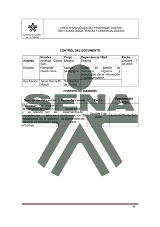 LÍNEA TECNOLÓGICA DEL PROGRAMA: CLIENTE
                            RED TECNOLÓGICA: VENTAS Y COMERCIALIZACION
Sistema de Gestión
   de la Calidad




                             CONTROL DEL DOCUMENTO

                 Nombre           Cargo       Dependencia / Red               Fecha
Autores          Amanda Clavijo   Experta     Externa                         Octubre        7
                 Soto                                                         de 2008
Revisión         Hernando         Asesor      Centro    de    gestión    de
                 Oviedo Vera      pedagógico mercados,       logística    y
                                              tecnologías de la información
                                              y la comunicación.
Aprobación Jaime Garcia Di        Subdirector
           Motolli                de Centro

                                  CONTROL DE CAMBIOS

                                                                       Responsable
 Descripción del cambio       Razón del cambio         Fecha
                                                                         (cargo)
Elaboración del programa
de formación en versión 50      Ajuste a los
y su relación con las        lineamientos de
                                                    Octubre 7 de
competencias     laborales diseño curricular 25                     Amanda Clavijo Soto
                                                       2008
actualizadas en el sistema de Septiembre del
nacional de formación para         2008
el trabajo.




                                                                                        44
 