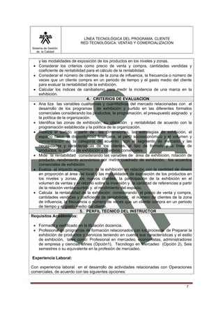 LÍNEA TECNOLÓGICA DEL PROGRAMA: CLIENTE
                           RED TECNOLÓGICA: VENTAS Y COMERCIALIZACION
Sistema de Gestión
   de la Calidad


   y las modalidades de exposición de los productos en los niveles y zonas.
 • Considerar los criterios como precio de venta y compra, cantidades vendidas y
   coeficiente de rentabilidad para el cálculo de la rentabilidad.
 • Considerar el número de clientes de la zona de influencia, la frecuencia o número de
   veces que un cliente compra en un periodo de tiempo y el gasto medio del cliente
   para evaluar la rentabilidad de la exhibición.
 • Calcular los índices de canibalismo para medir la incidencia de una marca en la
   exhibición.
                                4. CRITERIOS DE EVALUACION
 • Ana liza las variables cualitativas y cuantitativas del mercado relacionadas con el
   desarrollo de los programas de exhibición y surtido en las diferentes formatos
   comerciales considerando los productos, la programación, el presupuesto asignado y
   la política de la organización.
 • Identifica las zonas de exhibición, su ubicación y rentabilidad de acuerdo con la
   programación establecida y la política de la organización.
 • Realiza el surtido a partir de las dimensiones, las estrategias de exhibición, el
   espacio físico, la disponibilidad financiera, el perfil socioeconómico y el volumen y
   concentración de la categoría de acuerdo con el segmento de mercado y las
   necesidades y características de los clientes, el tipo de formato y la línea de
   productos, la política de exhibición y objetivos comerciales.
 • Mide la rentabilidad considerando las variables de área de exhibición, rotación de
   producto, rendimiento económico por metro cuadrado de exhibición, los acuerdos
   comerciales de exhibición
 • Evalúa el impacto económico de la exhibición en relación con la cantidad de dinero
   en proporción al área del local y las modalidades de exposición de los productos en
   los niveles y zonas, los nuevos clientes, la participación de la exhibición en el
   volumen de ventas y el retorno sobre la inversión y la cantidad de referencias a partir
   de la relación ventas-surtido y el rendimiento del espacio.
 • Calcula la rentabilidad de la exhibición considerando el precio de venta y compra,
   cantidades vendidas y coeficiente de rentabilidad, el número de clientes de la zona
   de influencia, la frecuencia o número de veces que un cliente compra en un periodo
   de tiempo y el gasto medio del cliente.
                            5. PERFIL TECNICO DEL INSTRUCTOR
Requisitos Académicos:

 • Formado y certificado en la titulación docencia.
 • Profesional en programas de formación relacionados con los procesos de Preparar la
   exhibición de productos y servicios teniendo en cuenta sus características y el estilo
   de exhibición, tales como: Profesional en mercadeo, economistas, administradores
   de empresa y ciencias afines (Opción1), Tecnólogo en Mercadeo (Opción 2), Seis
   semestres o su equivalente en la profesión de mercadeo.

Experiencia Laboral:

Con experiencia laboral en el desarrollo de actividades relacionadas con Operaciones
comerciales, de acuerdo con las siguientes opciones:


                                                                                       7
 