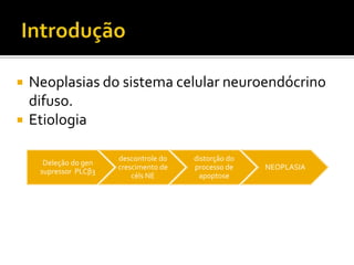    Neoplasias do sistema celular neuroendócrino
    difuso.
   Etiologia

                       descontrole do   distorção do
      Deleção do gen
                       crescimento de   processo de    NEOPLASIA
     supressor PLCβ3
                           céls NE       apoptose
 