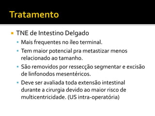    TNE de Intestino Delgado
     Mais frequentes no íleo terminal.
     Tem maior potencial pra metastizar menos
      relacionado ao tamanho.
     São removidos por ressecção segmentar e excisão
      de linfonodos mesentéricos.
     Deve ser avaliada toda extensão intestinal
      durante a cirurgia devido ao maior risco de
      multicentricidade. (US intra-operatória)
 