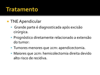    TNE Apendicular
     Grande parte é diagnosticada após excisão
      cirúrgica.
     Prognóstico diretamente relacionado a extensão
      do tumor:
     Tumores menores que 2cm: apendicectomia.
     Maiores que 2cm: hemicolectomia direita devido
      alto risco de recidiva.
 
