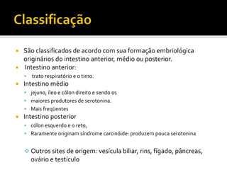    São classificados de acordo com sua formação embriológica
    originários do intestino anterior, médio ou posterior.
   Intestino anterior:
       trato respiratório e o timo.
   Intestino médio
     jejuno, íleo e cólon direito e sendo os
     maiores produtores de serotonina.
     Mais freqüentes
   Intestino posterior
     cólon esquerdo e o reto,
     Raramente originam síndrome carcinóide: produzem pouca serotonina


     Outros sites de origem: vesícula biliar, rins, fígado, pâncreas,
        ovário e testículo
 