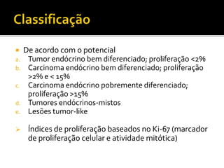     De acordo com o potencial
a.    Tumor endócrino bem diferenciado; proliferação <2%
b.    Carcinoma endócrino bem diferenciado; proliferação
      >2% e < 15%
c.    Carcinoma endócrino pobremente diferenciado;
      proliferação >15%
d.    Tumores endócrinos-mistos
e.    Lesões tumor-like

     Índices de proliferação baseados no Ki-67 (marcador
      de proliferação celular e atividade mitótica)
 