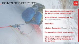 Athlete Tested, Expedition Proven
(Reason to Believe)
Lifetime Guarantee (Reason to Believe)
Innovation
Purposefully-crafted, Iconic design
Equip more people to experience
the thrill of pushing themselves in
the outdoors
Superior protection and durability in
the most extreme environments
POINTS OF DIFFERENCE
 