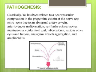 PATHOGENESIS:
Classically, TN has been related to a neurovascular
compression in the prepontine cistern at the nerve root
entry-zone due to an abnormal artery or vein,
arteriovenous malformation, vestibular schwannoma,
meningioma, epidermoid cyst, tuberculoma, various other
cysts and tumors, aneurysm, vessels aggregation, and
arachnoiditis.
 