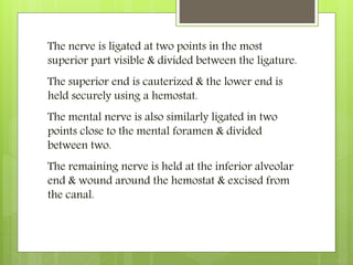 The nerve is ligated at two points in the most
superior part visible & divided between the ligature.
The superior end is cauterized & the lower end is
held securely using a hemostat.
The mental nerve is also similarly ligated in two
points close to the mental foramen & divided
between two.
The remaining nerve is held at the inferior alveolar
end & wound around the hemostat & excised from
the canal.
 