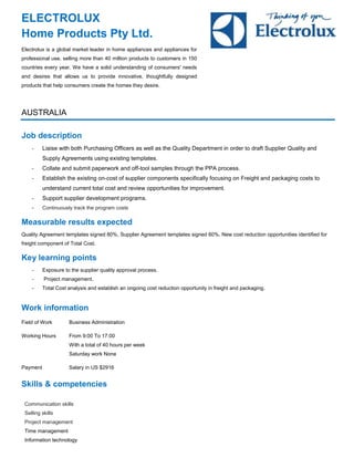 ELECTROLUX
Home Products Pty Ltd.
AUSTRALIA
Job description
- Liaise with both Purchasing Officers as well as the Quality Department in order to draft Supplier Quality and
Supply Agreements using existing templates.
- Collate and submit paperwork and off-tool samples through the PPA process.
- Establish the existing on-cost of supplier components specifically focusing on Freight and packaging costs to
understand current total cost and review opportunities for improvement.
- Support supplier development programs.
- Continuously track the program costs
Measurable results expected
Quality Agreement templates signed 80%, Supplier Agreement templates signed 60%. New cost reduction opportunities identified for
freight component of Total Cost.
Key learning points
- Exposure to the supplier quality approval process.
- Project management.
- Total Cost analysis and establish an ongoing cost reduction opportunity in freight and packaging.
Work information
Field of Work Business Administration
Working Hours From 9:00 To 17:00
With a total of 40 hours per week
Saturday work None
Payment Salary in US $2916
Skills & competencies
Communication skills
Selling skills
Project management
Time management
Information technology
Electrolux is a global market leader in home appliances and appliances for
professional use, selling more than 40 million products to customers in 150
countries every year. We have a solid understanding of consumers' needs
and desires that allows us to provide innovative, thoughtfully designed
products that help consumers create the homes they desire.
 