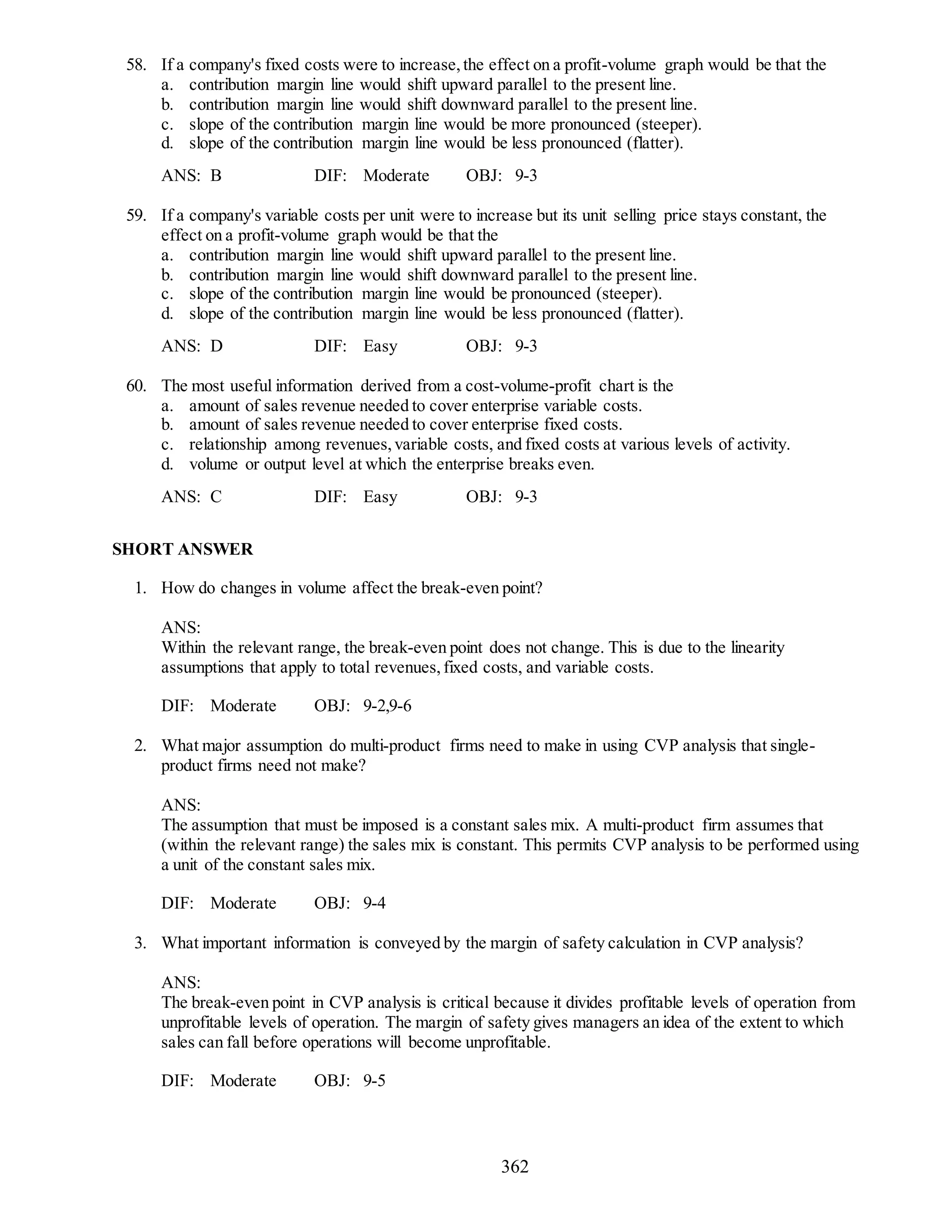 362
58. If a company's fixed costs were to increase,the effect on a profit-volume graph would be that the
a. contribution margin line would shift upward parallel to the present line.
b. contribution margin line would shift downward parallel to the present line.
c. slope of the contribution margin line would be more pronounced (steeper).
d. slope of the contribution margin line would be less pronounced (flatter).
ANS: B DIF: Moderate OBJ: 9-3
59. If a company's variable costs per unit were to increase but its unit selling price stays constant, the
effect on a profit-volume graph would be that the
a. contribution margin line would shift upward parallel to the present line.
b. contribution margin line would shift downward parallel to the present line.
c. slope of the contribution margin line would be pronounced (steeper).
d. slope of the contribution margin line would be less pronounced (flatter).
ANS: D DIF: Easy OBJ: 9-3
60. The most useful information derived from a cost-volume-profit chart is the
a. amount of sales revenue needed to cover enterprise variable costs.
b. amount of sales revenue needed to cover enterprise fixed costs.
c. relationship among revenues,variable costs, and fixed costs at various levels of activity.
d. volume or output level at which the enterprise breaks even.
ANS: C DIF: Easy OBJ: 9-3
SHORT ANSWER
1. How do changes in volume affect the break-even point?
ANS:
Within the relevant range, the break-even point does not change. This is due to the linearity
assumptions that apply to total revenues,fixed costs, and variable costs.
DIF: Moderate OBJ: 9-2,9-6
2. What major assumption do multi-product firms need to make in using CVP analysis that single-
product firms need not make?
ANS:
The assumption that must be imposed is a constant sales mix. A multi-product firm assumes that
(within the relevant range) the sales mix is constant. This permits CVP analysis to be performed using
a unit of the constant sales mix.
DIF: Moderate OBJ: 9-4
3. What important information is conveyed by the margin of safety calculation in CVP analysis?
ANS:
The break-even point in CVP analysis is critical because it divides profitable levels of operation from
unprofitable levels of operation. The margin of safety gives managers an idea of the extent to which
sales can fall before operations will become unprofitable.
DIF: Moderate OBJ: 9-5
 