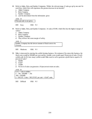 359
48. Refer to Alpha, Beta,and Epsilon Companies. Within the relevant range, if sales go up by one unit for
each firm, which firm will experience the greatest increase in net income?
a. Alpha Company
b. Beta Company
c. Epsilon Company
d. can't be determined from the information given
ANS: D
Price per unit is not given.
DIF: Easy OBJ: 9-3
49. Refer to Alpha, Beta,and Epsilon Companies. At sales of $100, which firm has the highest margin of
safety?
a. Alpha Company
b. Beta Company
c. Epsilon Company
d. They all have the same margin of safety.
ANS: C
Epsilon Company has the lowest amount of fixed costs to be
covered.
DIF: Moderate OBJ: 9-3
50. Mike is interested in entering the catfish farming business. He estimates if he enters this business, his
fixed costs would be $50,000 per year and his variable costs would equal 30 percent of sales. If each
catfish sells for $2, how many catfish would Mike need to sell to generate a profit that is equal to 10
percent of sales?
a. 40,000
b. 41,667
c. 35,000
d. No level of sales can generate a 10 percent net return on sales.
ANS: B
Let x = sales in dollars
x - .30x - $50,000 = .10x
.60x = $50,000
x = $83,333 Units = $83,333/$2 per unit = 41,667 units
DIF: Difficult OBJ: 9-3
 