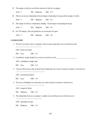 345
25. The margin of safety is an effective measure of risk for a company.
ANS: T DIF: Moderate OBJ: 9-5
26. There is an inverse relationship between degree of operating leverage and the margin of safety.
ANS: T DIF: Moderate OBJ: 9-5
27. The margin of safety is computed by dividing 1 by the degree of operating leverage.
ANS: T DIF: Moderate OBJ: 9-5
28. In CVP analysis, sales and production are assumed to be equal.
ANS: T DIF: Moderate OBJ: 9-6
COMPLETION
1. The level of activity where a company’s total revenues equal total costs is referred to as the
______________________________.
ANS: break-even point
DIF: Easy OBJ: 9-1
2. Contribution margin divided by revenue is referred to as the _______________________.
ANS: contribution margin ratio
DIF: Easy OBJ: 9-2
3. A process that focuses only on factors that change from one course of action to another is referred to as
__________________________________.
ANS: incremental analysis
DIF: Easy OBJ: 9-3
4. The excess of budgeted or actualsales over sales at break-even point is referred to as
_________________________________.
ANS: margin of safety
DIF: Moderate OBJ: 9-5
5. The relationship between a company’s variable costs and fixed costs is referred to as its
______________________________.
ANS: operating leverage
DIF: Moderate OBJ: 9-5
 