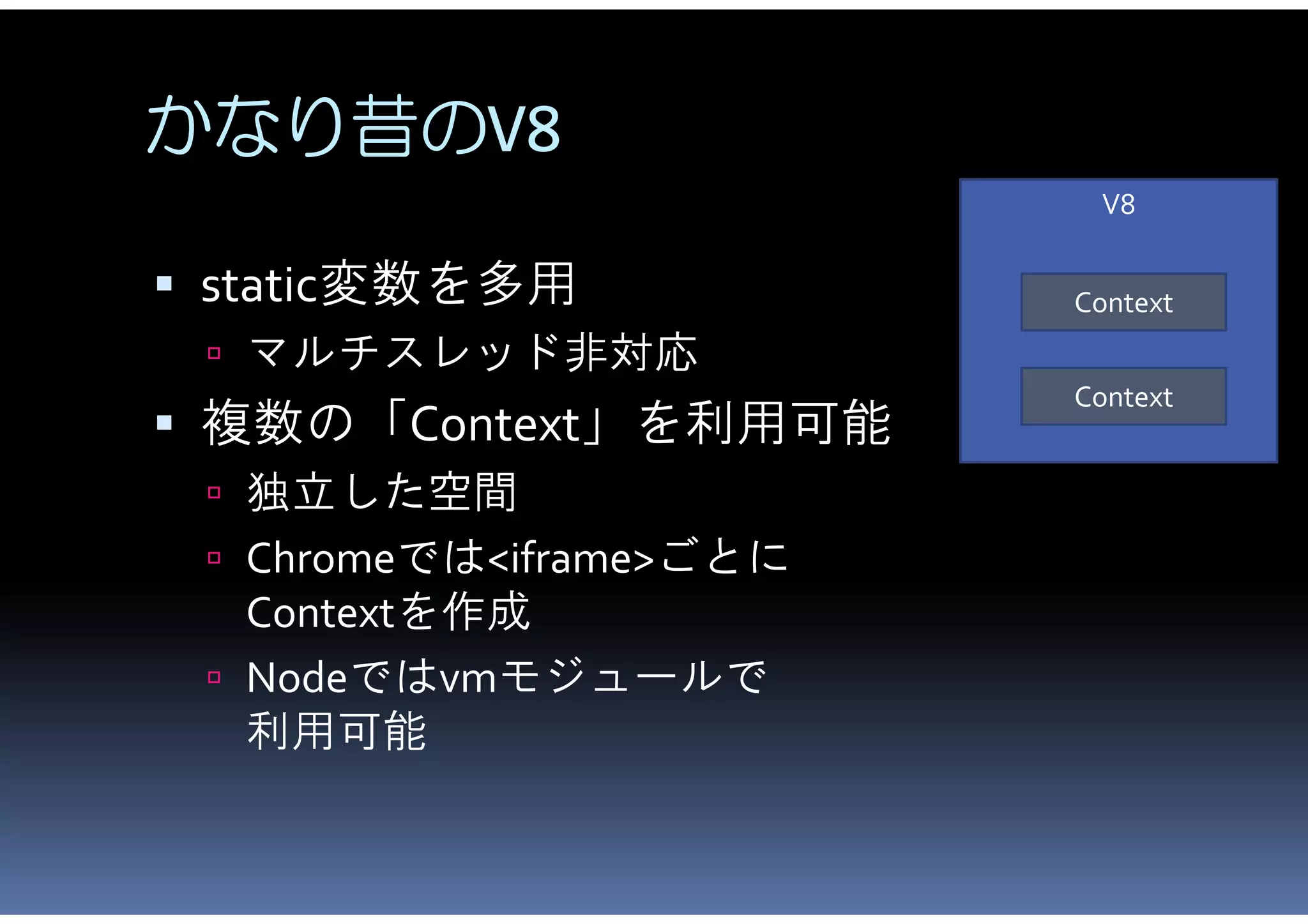 かなり昔のV8
                          V8

 static変数を多用            Context
  マルチスレッド非対応
                         Context
 複数の「Context」を利用可能
  独立した空間
  Chromeでは<iframe>ごとに
   Contextを作成
  Nodeではvmモジュールで
   利用可能
 