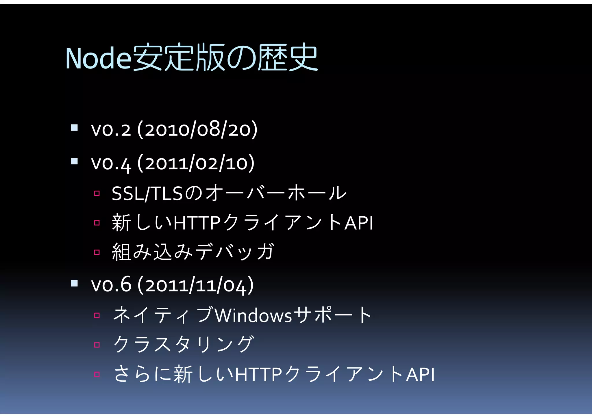 Node安定版の歴史

 v0.2 (2010/08/20)
 v0.4 (2011/02/10)
   SSL/TLSのオーバーホール
   新しいHTTPクライアントAPI
   組み込みデバッガ
 v0.6 (2011/11/04)
   ネイティブWindowsサポート
   クラスタリング
   さらに新しいHTTPクライアントAPI
 