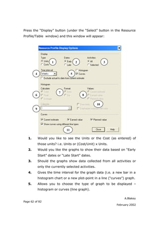 A.Blakey
Page 62 of 82
February 2002
Press the “Display” button (under the “Select” button in the Resource
Profile/Table window) and this window will appear:
1. Would you like to see the Units or the Cost (as entered) of
those units? i.e. Units or (Cost/Unit) x Units.
2. Would you like the graphs to show their data based on “Early
Start” dates or “Late Start” dates.
3. Should the graphs show data collected from all activities or
only the currently selected activities.
4. Gives the time interval for the graph data (i.e. a new bar in a
histogram chart or a new plot-point in a line (“curves”) graph.
5. Allows you to choose the type of graph to be displayed –
histogram or curves (line graph).
1 2 3
4 5
6
7
8
9
10
11
 