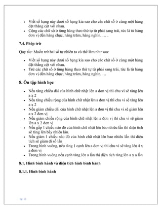 pg. 13
• Viết số hạng này dưới số hạng kia sao cho các chữ số ở cùng một hàng
đặt thẳng cột với nhau.
• Cộng các chữ số ở từng hàng theo thứ tự từ phải sang trái, tức là từ hàng
đơn vị đến hàng chục, hàng trăm, hàng nghìn, … .
7.4. Phép trừ
Quy tắc: Muốn trừ hai số tự nhiên ta có thể làm như sau:
• Viết số hạng này dưới số hạng kia sao cho các chữ số ở cùng một hàng
đặt thẳng cột với nhau.
• Trừ các chữ số ở từng hàng theo thứ tự từ phải sang trái, tức là từ hàng
đơn vị đến hàng chục, hàng trăm, hàng nghìn, …
8. Ôn tập hình học
• Nếu tăng chiều dài của hình chữ nhật lên a đơn vị thì chu vi sẽ tăng lên
a x 2
• Nếu tăng chiều rộng của hình chữ nhật lên a đơn vị thì chu vi sẽ tăng lên
a x 2
• Nếu giảm chiều dài của hình chữ nhật lên a đơn vị thì chu vi sẽ giảm lên
a x 2 đơn vị
• Nếu giảm chiều rộng của hình chữ nhật lên a đơn vị thì chu vi sẽ giảm
lên a x 2 đơn vị
• Nếu gấp 1 chiều nào đó của hình chữ nhật lên bao nhiêu lần thì diện tích
sẽ tăng lên bấy nhiêu lần.
• Nếu giảm 1 chiều nào đó của hình chữ nhật lên bao nhiêu lần thì diện
tích sẽ giảm đi số lần
• Trong hình vuông, nếu tăng 1 cạnh lên a đơn vị thì chu vi sẽ tăng lên 4 x
a đơn vị
• Trong hình vuông nếu cạnh tăng lên a lần thì diện tích tăng lên a x a lần
8.1. Hình bình hành và diện tích hình bình hành
8.1.1. Hình bình hành
 