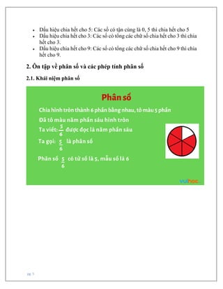 pg. 5
• Dấu hiệu chia hết cho 5: Các số có tận cùng là 0, 5 thì chia hết cho 5
• Dấu hiệu chia hết cho 3: Các số có tổng các chữ số chia hết cho 3 thì chia
hết cho 3.
• Dấu hiệu chia hết cho 9: Các số có tổng các chữ số chia hết cho 9 thì chia
hết cho 9.
2. Ôn tập về phân số và các phép tính phân số
2.1. Khái niệm phân số
 
