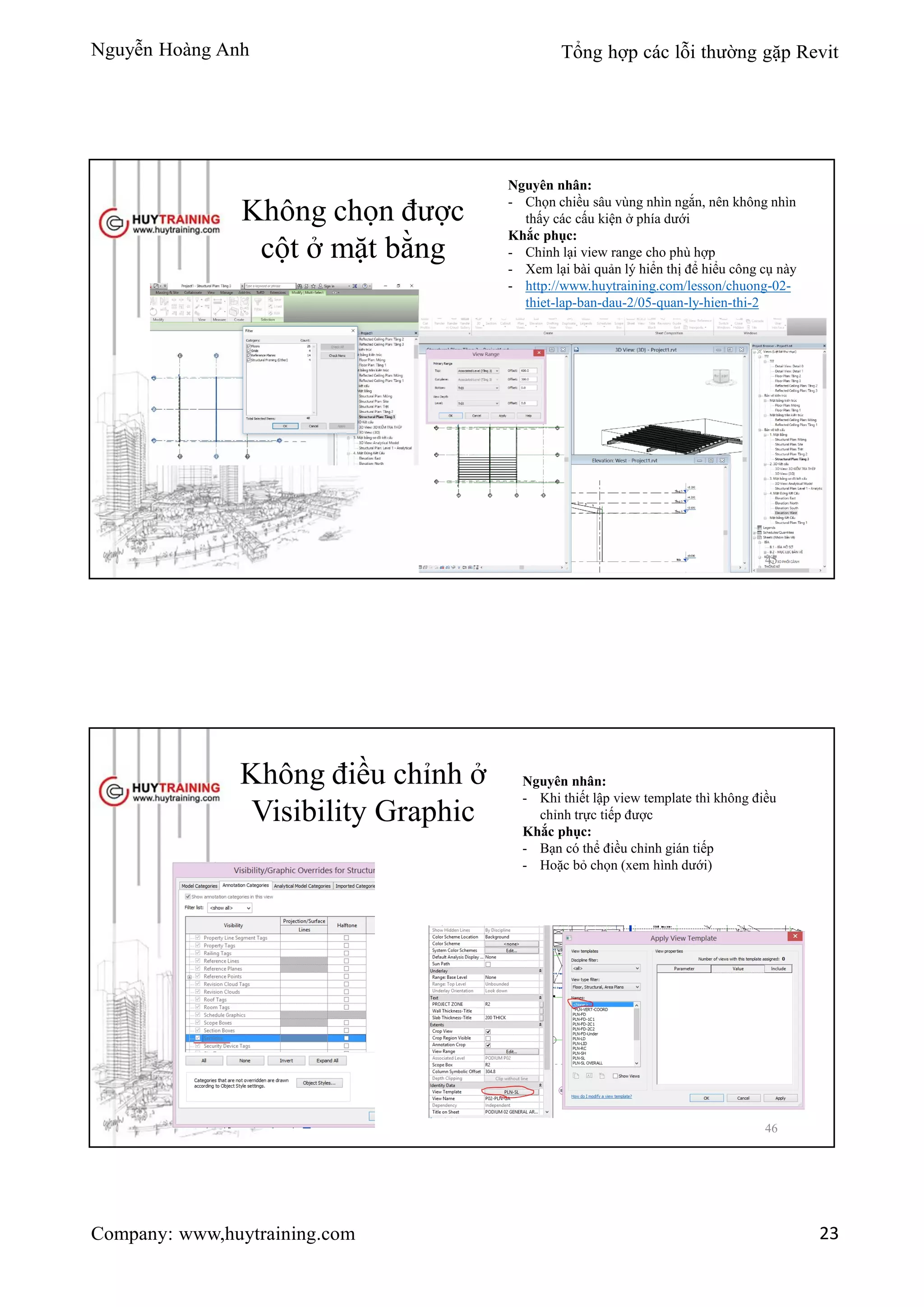 Nguyễn Hoàng Anh Tổng hợp các lỗi thường gặp Revit
Company: www,huytraining.com 23
Không chọn được
cột ở mặt bằng
Nguyên nhân:
- Chọn chiều sâu vùng nhìn ngắn, nên không nhìn
thấy các cấu kiện ở phía dưới
Khắc phục:
- Chỉnh lại view range cho phù hợp
- Xem lại bài quản lý hiển thị để hiểu công cụ này
- http://www.huytraining.com/lesson/chuong-02-
thiet-lap-ban-dau-2/05-quan-ly-hien-thi-2
45
Không điều chỉnh ở
Visibility Graphic
Nguyên nhân:
- Khi thiết lập view template thì không điều
chỉnh trực tiếp được
Khắc phục:
- Bạn có thể điều chỉnh gián tiếp
- Hoặc bỏ chọn (xem hình dưới)
46
 