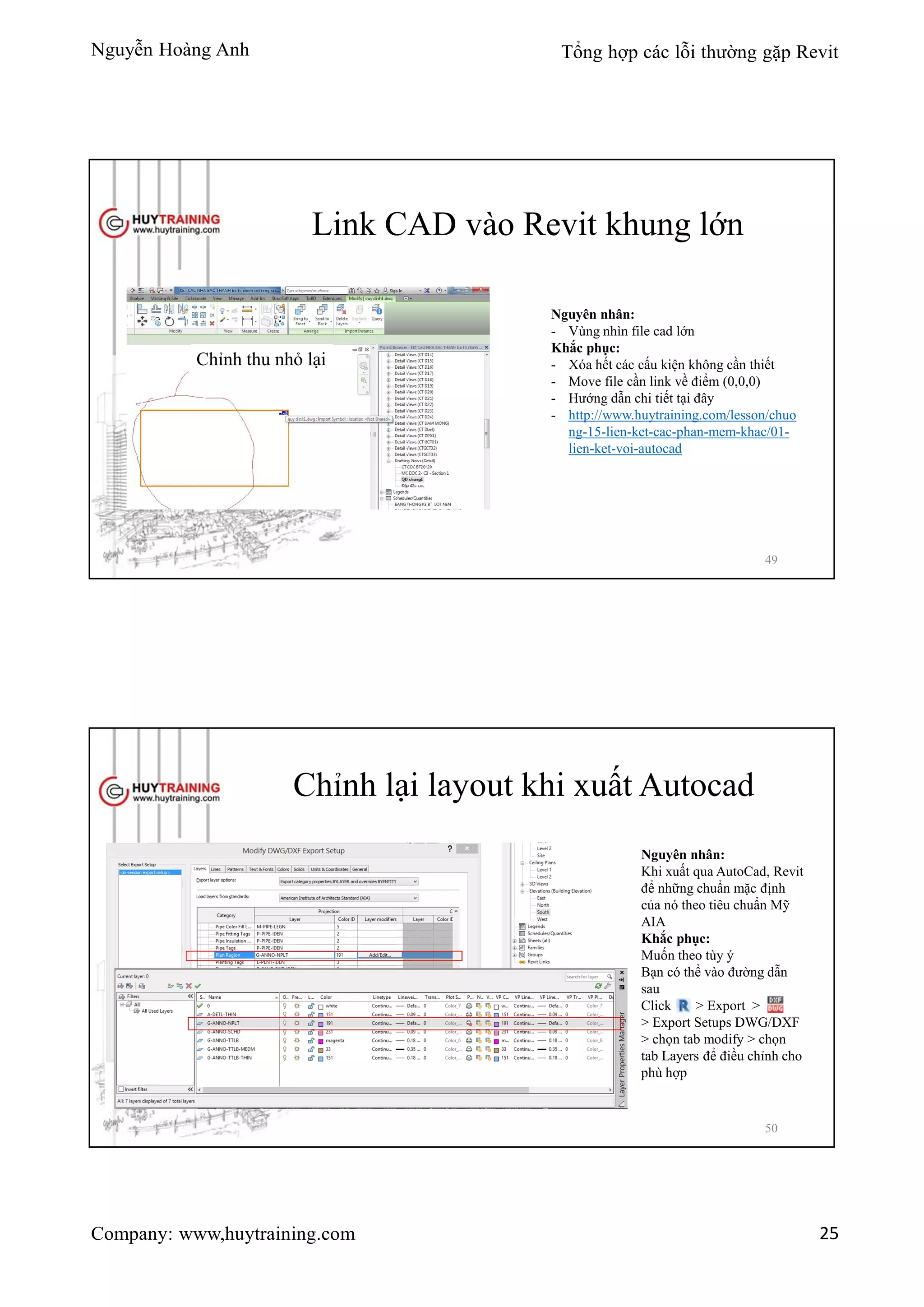 Nguyễn Hoàng Anh Tổng hợp các lỗi thường gặp Revit
Company: www,huytraining.com 25
Link CAD vào Revit khung lớn
Chỉnh thu nhỏ lại
Nguyên nhân:
- Vùng nhìn file cad lớn
Khắc phục:
- Xóa hết các cấu kiện không cần thiết
- Move file cần link về điểm (0,0,0)
- Hướng dẫn chi tiết tại đây
- http://www.huytraining.com/lesson/chuo
ng-15-lien-ket-cac-phan-mem-khac/01-
lien-ket-voi-autocad
49
Chỉnh lại layout khi xuất Autocad
Nguyên nhân:
Khi xuất qua AutoCad, Revit
để những chuẩn mặc định
của nó theo tiêu chuẩn Mỹ
AIA
Khắc phục:
Muốn theo tùy ý
Bạn có thể vào đường dẫn
sau
Click > Export >
> Export Setups DWG/DXF
> chọn tab modify > chọn
tab Layers để điều chỉnh cho
phù hợp
50
 
