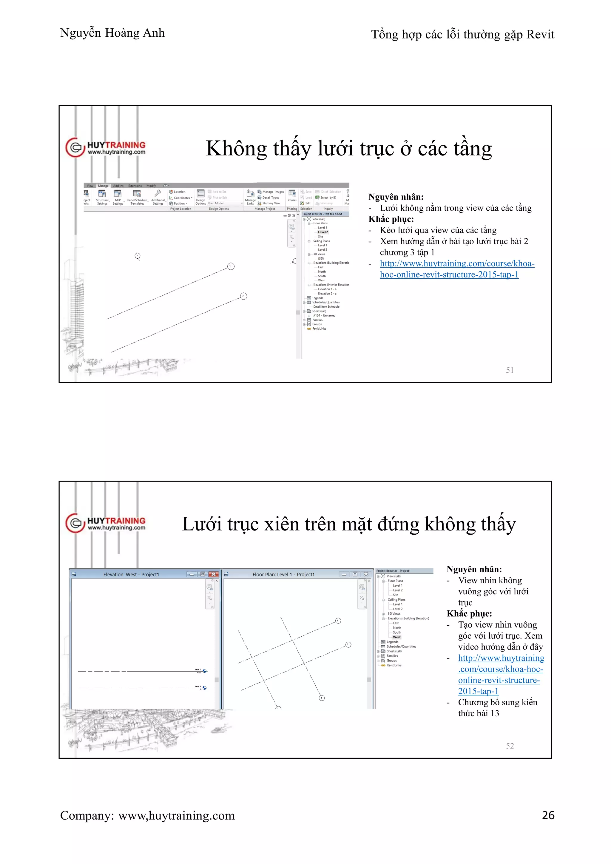Nguyễn Hoàng Anh Tổng hợp các lỗi thường gặp Revit
Company: www,huytraining.com 26
Không thấy lưới trục ở các tầng
Nguyên nhân:
- Lưới không nằm trong view của các tầng
Khắc phục:
- Kéo lưới qua view của các tầng
- Xem hướng dẫn ở bài tạo lưới trục bài 2
chương 3 tập 1
- http://www.huytraining.com/course/khoa-
hoc-online-revit-structure-2015-tap-1
51
Lưới trục xiên trên mặt đứng không thấy
Nguyên nhân:
- View nhìn không
vuông góc với lưới
trục
Khắc phục:
- Tạo view nhìn vuông
góc với lưới trục. Xem
video hướng dẫn ở đây
- http://www.huytraining
.com/course/khoa-hoc-
online-revit-structure-
2015-tap-1
- Chương bổ sung kiến
thức bài 13
52
 