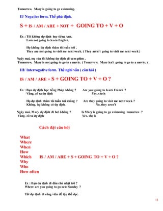 11
Tomorrow, Mary is going to go swimming.
II/ Negative form. Thể phủ định.
S + IS / AM / ARE + NOT + GOING TO + V + O
Ex : Tôi không dự định học tiếng Anh.
I am not going to learn English.
Họ không dự định thăm tôi tuần tới .
They are not going to visit me next week. ( They aren’t going to visit me next week )
Ngày mai, mẹ của tôi không dự định đi xem phim .
Tomorrow, Mary is not going to go to a movie. ( Tomorrow, Mary isn’t going to go to a movie. )
III/ Interrogative form. Thể nghi vấn ( câu hỏi )
IS / AM / ARE + S + GOING TO + V + O ?
Ex : Bạn dự định học tiếng Pháp không ? Are you going to learn French ?
Vâng, cô ta dự định Yes, she is
Họ dự định thăm tôi tuần tới không ? Are they going to visit me next week ?
Không, họ không có dự định. No, they aren’t
Ngày mai, Mary dự định đi bơi không ? Is Mary is going to go swimming tomorrow ?
Vâng, cô ta dự định Yes, she is
Cách đặt câu hỏi
What
Where
When
How
Which IS / AM / ARE + S + GOING TO + V + O ?
Why
Who
How often
Ex : Bạn dự định đi đâu chủ nhật tới ?
Where are you going to go next Sunday ?
Tôi dự định đi công viên để tập thể dục.
 