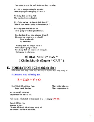 12
I am going to go to the park to do morning exercise.
Ex : Cô ta dự định nói ngôn ngữ nào ?
What languages is she going to speak ?
Cô ta dự định nói tiếng Anh
She is going to speak English
Ex : Ngày mai mẹ của bạn dự định làm gì ?
What is your mother going to do tomorrow ?
Bà ta dự định thăm bà của tôi.
She is going to visit my grandmother.
Bạn dự định đi học bằng phương tiện gì ?
How are you going to go to school ?
Bằng xe gắn máy.
By motorbike.
Peter dự định nói chuyện với ai ?
Who is Peter going to talk ?
Cậu ấy dự định nói chuyện với chúng ta.
He is going to talk to us.
MODAL VERB “ CAN ”
( Khiếm khuyết động từ “ CAN ” )
E. FORMATION ( Cách thành lập )
Diễn tả một hành động có thể thực hiện được ở hiện tại hoặc trong tương lai.
I/ Affirmative form. Thể khẳng định.
S + CAN + V + O
Ex : Tôi có thể nói tiếng Nga. Mary có thể nấu ăn .
I can speak Russian. Mary can cook meal.
Mẹ của tôi biết lái xe hơi.
My mother can drive a car.
Note chú ý : Nếu là tính từ hoặc danh từ ta sẽ sử dụng CAN BE
Bạn có thể bận rộn.
You can be busy.
Cô ta có thể là một bác sĩ trong tương lai.
She can be a doctor in the future.
 