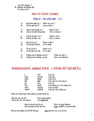 3
Are they hungry ?
B: Không, họ không đói.
No, they aren’t
HỎI VỀ NGHỀ NGHIỆP
WHAT + IS/AM/ARE + S ?
A: Bạn làm nghề gì ? What are you ?
B: Tôi là một tài xế I am a driver
A: Anh ta làm nghề gì ? What is he ?
B: Anh ta là một nông dân. He is a farmer
A: Chị ấy là một y tá ? What is she ?
B: Chị ấy là một y tá. She is a nurse.
A: Đây là cái gì ? What is this ?
B: Nó là một cái bàn It is a table
A: Nó là con gì ? What is it ?
B: Nó là một con chó It is a dog
A: Chúng nó là những con gì ? What are they ?
B: Chúng nó là những con gà They are chickens
POSSESSIVE ADJECTIVE ( TÍNH TỪ SỞ HỮU)
I MY Của tôi
YOU YOUR Của bạn
SHE HER Của cô ta
HE HIS Của anh ta, Của ông ta
IT ITS Của nó
WE OUR Của chúng ta, Của chúng tôi
YOU YOUR Của các bạn
THEY THEIR Của họ, Của chúng nó
Tính từ sở hữu luôn luôn đứng sau một danh từ.
Bà ta là mẹ của tôi She is my mother
Tôi là học trò của ông ta I am his pupil
Họ là con gái của bà ta. They are her chidren.
Mẹ của bạn là một nội trợ. Your mother is a housewife.
Bố mẹ của chúng tôi rất dễ thương. Our parents are very lovely.
 