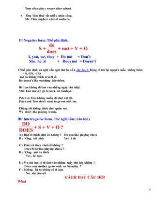 6
Tom often plays soccer after school.
 Ông Tâm thuê rất nhiều nhân công.
Mr. Tâm employs a lot of workers.
II/ Negative form. Thể phủ định.
S +
do
does
+ not + V + O
I, you, we, they + Do not = Don’t
She, he ,it + Does not = Doesn’t
Ở thể phủ định và nghi vấn ngôi thứ ba số ít she, he, it. Động từ trở lại nguyên mẫu không thêm
– S, -ES, - IES
Anh ta không thích xem ti vi.
He doesn’t like watching television.
Bà Lan không đi làm vào những ngày chủ nhật.
Mrs. Lan doesn’t go to work on Sundays.
Peter và Tom không muốn đi chơi với tôi.
Peter and Tom don’t want to go out with me.
Chúng tôi không thích chơi quần vợt.
We don’t like playing tennis.
III/ Interrogative form. Thể nghi vấn ( câu hỏi )
DO
DOES
+ S + V + O ?
A : Bạn có thích chơi cờ không ? Do you like playing chess
B : Vâng, tôi thích Yes , I do
C : Peter có thích chơi cờ không ?
Does Peterlike playing chess ?
D : Vâng, anh ta thích
Yes , he does
E : Mẹ của bạn có đi làm vào những ngày thứ bảy không ?
Does your mother go to work on Saturday ?
F : Không, bà ta không có đi làm
No , she doesn’t
CÁCH ĐẶT CÂU HỎI
What
 