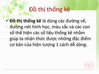 Đồ thị thống kê
• Đồ thị thống kê là dùng các đường vẽ,
đường nét hình học, màu sắc và các con
số thể hiện các số liệu thống kê nhằm
giúp ta nhận thức được những đặc điểm
cơ bản của hiện tượng 1 cách dễ dàng.
 