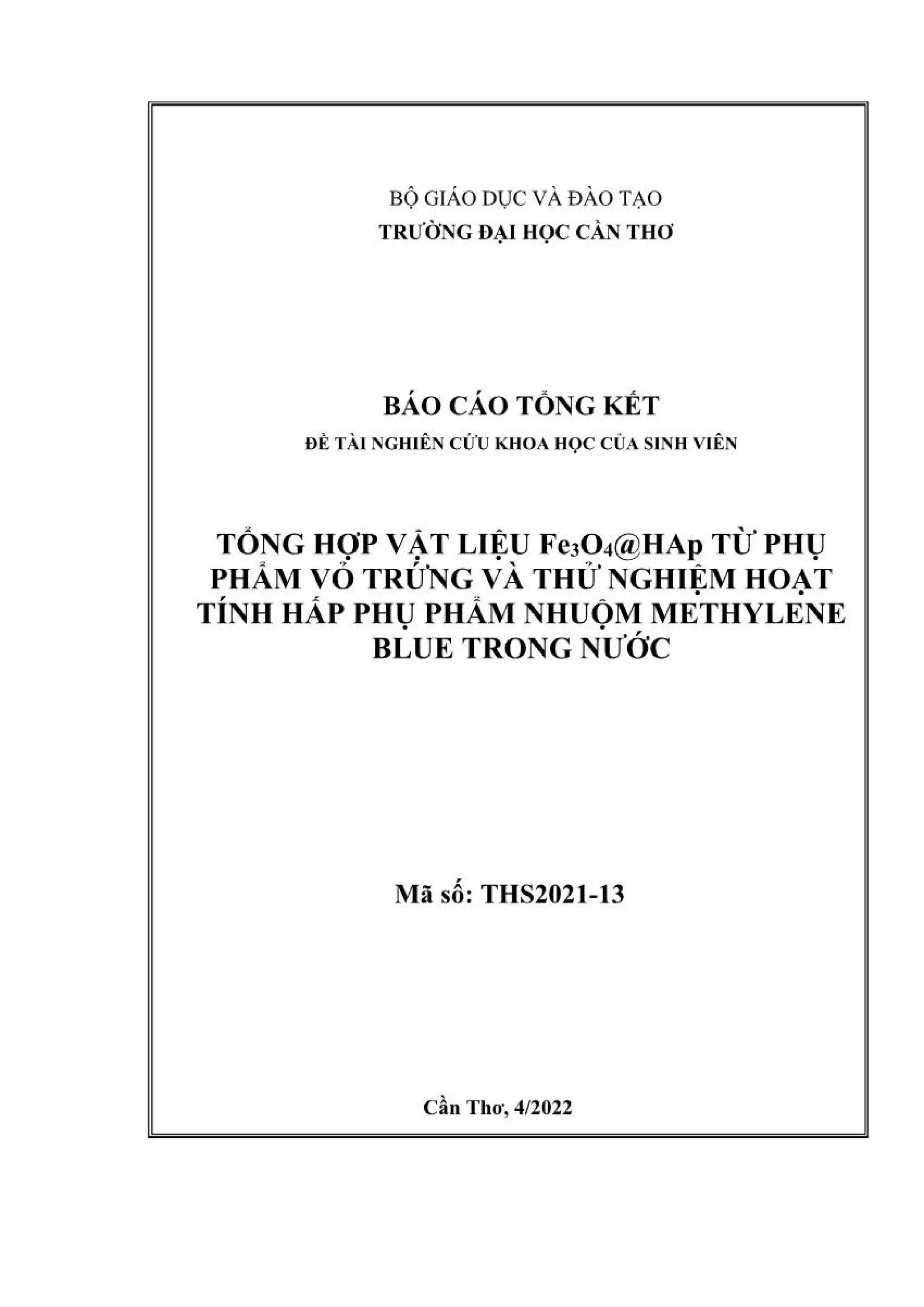 Tổng hợp vật liệu Fe₃O₄@HAp từ phụ phẩm vỏ trứng và thử nghiệm hoạt ...