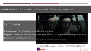 TRUYỀN THÔNG:
Unpublish post: Chạy Unpubish post bài video, link về website
Hotpage: 5 Hotpage nổi tiếng, đối tượng chính là phụ nữ 20 – 35: Thế giới phụ nữ, những câu nói bất hủ,
Làm cha mẹ, Mạnh Quân, Clip xôn xao.
Viral video 1: Khác biệt SEX trong phim và đời thực – QUYẾT 5SOnline (http://goo.gl/Nv09EE)
 