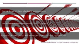 Hỗ trợ chiến dịch bán hàng mùa cao điểm (Thu đông 2014) và Mùa cưới cận tết Nguyên Đán 2015
Tăng mức độ nhận diện thương hiệu trên kênh truyền thông online
Định vị thương hiệu trong tâm trí khách hàng: Chăn – ga – gối cao cấp
Viral Marketing Case Study by ViVi Digital Vietnam (http://vividigital.vn/)
 