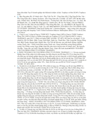 được đón nhận Top 10 doanh nghiệp tiêu biểutrách nhiệm xã hội. Traphaco sở hữu 50,96% Traphaco
CNC.
 4. Ban tổng giám đốc: 03 thành viên1. Ông Trần Túc M. : Tổng Giám đốc2. Ông Nguyễn Huy Văn :
Phó Tổng Giám đốc3. Hoàng Thị Rược : Phó Tổng Giám đốc 5 GVHD: VŨ HỮU ĐỨC Ban kiểm
soát: 3 thành viên1. Bà Phạm Thị Thanh Duyên : Trưởng ban2. Bà Trần Thị Ngọc Lan : Ủy viên3. Bà
Đỗ Khánh Vân : Ủy viên Hội đồng quản trị: 5 thành viên1. Bà Vũ Thị Thuận : Chủ tịch HĐQT2.
Ông Trần Túc Mã : Phó Chủ tịch HĐQT3. Ông Nông Hữu Đức : Ủy viên HĐQT4. Bà Nguyễn Thị
Lan : Ủy viên HĐQT5. Ông Lê Tuấn : Ủy viên HĐQTPHÂN TÍCH BÁO CÁO TÀI CHÍNH CÔNG
TY CỔ PHẦN TRAPHACO Hoạt huyết dưỡng não - Cebraton Boganic – tăng cường chức năng giải
độc gan Sáng mắt Ampelop Tottri Tottim Formenton Didicera Methorphan Abfuco 3. Cơ cấu tổ chức
của công ty
 5. Công ty con: 3 công tyCông ty TNHH MTV Traphaco Sapa (100%).Công ty TNHH Traphaco
Hưng Yên (100%).Công ty cổ phần công nghệ cao Traphaco (51%).II. Phân tích BCTC công ty
TRAPHACO năm 2011 1. Phân tích bảng CĐKT 6GVHD: VŨ HỮU ĐỨC Các chi nhánh: 12 chi
nhánhTp. Hồ Chí Minh; Miền Trung; Nam Định; Nghệ An; Thanh Hóa; Vĩnh Long;Hải Phòng; Đồng
Nai; Bình Thuận; Quảng Ngãi; Khánh Hòa; Cần Thơ. Nhà máy sản xuất thuốc Hoàng LiệtPhân
xưởng Thuốc viên – Thuốc nướcPhân xưởng Thuốc mỡ - Nang mềmPhân xưởng Đóng góiPhân
xưởng Tây YPhân xưởng Ngọc Hồi Giám đốc phụ trách chuyên môn:02 thành viên1. Bà Nguyễn
Thị Hậu : Giám đốc sản xuất2. Ông Bùi Khánh Tùng : Giám đốc kinh doanhPHÂN TÍCH BÁO
CÁO TÀI CHÍNH CÔNG TY CỔ PHẦN TRAPHACO
 6. PHÂN TÍCH BÁO CÁO TÀI CHÍNH CÔNG TY CỔ PHẦN TRAPHACO 1.1. Tàisản của doanh
nghiêp Qua số liệu phân tích chiều ngang cho thấy tổng tài sản DN tăng 259.576 tỷ tăng hơn 45% ,
cho thấy quy mô doanh nghiệp đang mở rộng, phần quy mô mở rộng này có thế là doanh nghiệp đang
mở rộng kinh doanh. Phần tăng chủ yếu do doanh nghiệp đàu tư vào tài sản dài hạn. TSCĐ tăng 100
tỷ tương ứng 116% so với năm 2010. DN đang nắm giữ 838.443 tỷ tài sản cuốinăm 2011, trong đó có
622.67 tỷ là tài sản ngắn hạn chiếm 74% . Năm 2010 tài sản của DN là 578.867 trong đó TSNH
7GVHD: VŨ HỮU ĐỨC
 7. Nợ phả trả cơ cấu tăng từ 40% lên 50% chiếm tỷ tọng cao, DN đang vay để mở rộng HĐKD ta
thấy rằng trong 173.676 tỷ nợ phải trả tăng thì có 144.755 là vay ngắn hạn. Đây là điểm đáng chú ý
của tình hình tài chính, có 8GVHD: VŨ HỮU ĐỨC VCSH : năm 2010 chiếm 60% tương ứng
349.138 tỷ, đến năm 2011 giảm xuống 50% tương ứng 400.085 tỷ cho thấy sự giảm sút trong tỷ trọng
này là do DN đang tăng nguồn vốn vay. Khả năng tài chính cảu doanh nghiệp đang phục thuộc vào
vay nợ.  Nợ phải trả tăng 173.676 tỷ tương ứng 45% so với năm 2010. Điều đó cho ta thấy rằng
doanh nghiệp đang tăng vay để mở rộng hoạt động kinh doanh. Cơ cấu nguồn vốn cho ta thấy nguồn
vốn của doanh nghiệp hoạt động là từ VCSH vàVay. Nhưng Tỷ lệ 50/50 cho thấy tính hình không khả
quan trong tình trạng tra nợ.  VCSH: Vốn chủ sở hữu của công ty tăng lên từ 349.138 đến 400.085
phần tăng này chủ yêu lấy từ LNCPP năm 2010 là 69.823 tỷ.  TS không dùng vào mục đích kinh
doanh. Các khoản đầu tư tài chính ngắn hạn và dài hạn. Hai khoản đầu tư này đều giảm đặc biệt là
khoản Đầu tư tài chính dài hạn năm 2011 là 0 tỷ. cho thấy doanh nghiệp chỉđang tập trung mở rộng
HĐKD và giảm HĐ TC. 1.2. Nguồn tài trợ. Phân tích hàng ngang ta thấy nguồn vốn của doanh nghiệp
đang tăng.  TS dùng vào hoạt động kinh doanh: HTK, TSCĐ,Tiền,Nợ phải thu…Ta thấy rằng các
khoản mục này tăng lên rất nhiều và chiếm tỷ trọng cao trong 2010-2011. Điều đó cho ta thấy doanh
nghiệp đang mở rộng quy mô hoạt động kinh doanh. Trong 259.576 tỷ tăng thêm thì có 133.606 tỷ từ
TSNH, và 125.97 TSDH. Trong tài sản ngắn hạn ta thấy HTK của công ty tăng 141.865 tỷ và Nợ phải
trả giảm xuống, cho thấy khả năng bán hàng của doanh nghiệp đang có vấn đề. HTK quá nhiều, không
bán đuợc hàng. PHÂN TÍCH BÁO CÁO TÀI CHÍNH CÔNG TY CỔ PHẦN TRAPHACO chiếm
84%. Như vậy ta thấy DN có thay đổi trong cơ cấu TS. Tỷ trọng TSNHgiảm, TSDH tăng sự chuyânr
dịch cơ cấu này cho thấy doanh nghiệp đang có đầu tư TSDH cao. Nhưng ta thấy khả năng chitiêu và
thanh toán của DN vẫn còn rất tốt ( TSNH 74%).Cơ Cấu tài sản
 8. Ta thấy có 2 khoản mục mà Năm 2010 đều là số 0 là vay dài hạn và Lợi ích của cổ đông thiểu số.
Như vậy năm 2011 TRAPHACO đã kiểm soát một công ty con. (Công ty cổ phần công nghệ cao
Traphaco (51%)).Và bắt đầu hoạt động tài chính, vay khoản vay dài hạn để bù đắp vay ngắn hạn. 1.3.
 