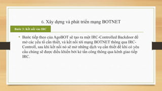 6. Xây dựng và phát triển mạng BOTNET
Bước 3: Kết nối vào IRC

• Bước tiếp theo của AgoBOT sẽ tạo ra một IRC-Controlled Ba...