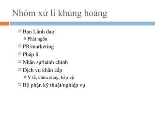 Nhóm xử lí khủng hoảng
  Ban   Lãnh đạo:
      Phát ngôn
  PR/marketing

  Pháp lí
  Nhân sự/hành chính

  Dịch vụ khẩn cấp
      Y tế, chữa cháy, bảo vệ
  Bộ   phận kỹ thuật/nghiệp vụ
 