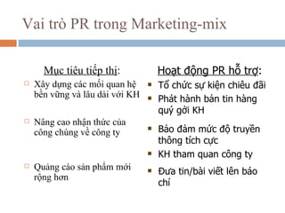 Vai trò PR trong Marketing-mix

      Mục tiêu tiếp thị:             Hoạt động PR hỗ trợ:
   Xây dựng các mối quan hệ    ...