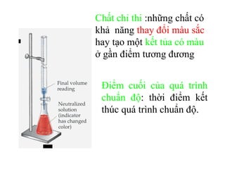 Điểm cuối của quá trình
chuẩn độ: thời điểm kết
thúc quá trình chuẩn độ.
Chất chỉ thi :những chất có
khả năng thay đổi màu sắc
hay tạo một kết tủa có màu
ở gần điểm tương đương
 