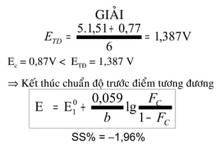 GIAÛI
V387,1
6
77,051,1.5
=
+
=TDE
Ec = 0,87V < ETÑ = 1,387 V
⇒ Keát thuùc chuaån ñoä tröôùc ñieåm töông ñöông
C
C
F
F
b −
+=
1
lg
059,0
EE 0
1
SS% = −1,96%
 
