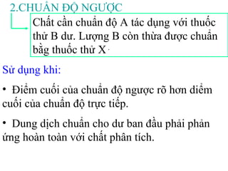 Chất cần chuẩn độ A tác dụng với thuốc
thử B dư. Lượng B còn thừa được chuẩn
bằg thuốc thử X.
2.CHUẨN ĐỘ NGƯỢC
Sử dụng khi:
• Điểm cuối của chuẩn độ ngược rõ hơn diểm
cuối của chuẩn độ trực tiếp.
• Dung dịch chuẩn cho dư ban đầu phải phản
ứng hoàn toàn với chất phân tích.
 