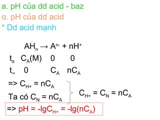 a. pH của dd acid - baz
α. pH của dd acid
* Dd acid mạnh
AHn → An-
+ nH+
to CA(M) 0 0
t∞ 0 CA nCA
=> CH+ = nCA
Ta có CN = nCA
CH+ = CN = nCA
=> pH = -lgCH+ = -lg(nCA)
 