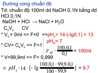 Đường cong chuẩn độ
Td: chuẩn độ 100ml dd NaOH 0,1N bằng dd
HCl 0,1N
NaOH + HCl → NaCl + H2O
CoVo CV
* Vo = 0ml => F=0 =>pHo= 14-(-lg0,1) = 13
* CV= CoVo => F=1
pHtd= 7
= 100ml
* V=99,9ml => F= 0,999
= 9,7
1,0
1,0.100=Vtđ
]
9,99
1,0.9,991,0.100
lg[141 +
−
−= −⇒ pH
 