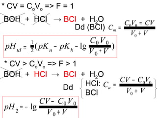 * CV = CoVo => F = 1
BOH + HCl → BCl + H2O
Dd (BCl)
* CV > CoVo => F > 1
BOH + HCl → BCl + H2O
Dd
HCl:
BCl
)lg(
0
00
2
1
VV
VC
pKpKpH bntđ +
−−=
VV
VCCV
pH
+
−
−=
0
00
2
lg
VV
CVVC
Cm
+
=
=
0
00
VV
VCCV
Ca
+
−
=
0
00
 