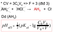 * CV = 3CoVo => F = 3 (đtđ 3)
AH2
-
+ HCl → AH3 + Cl-
Dd (AH3)
)lg(
0
00
12
1
3 VV
VC
pKpH atđ +
−=
 