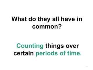 14
What do they all have in
common?
Counting things over
certain periods of time.
 