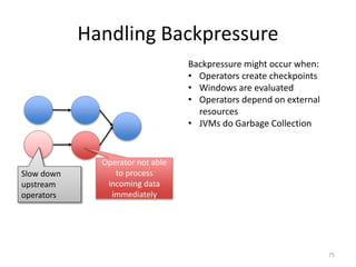Handling Backpressure
75
Slow down
upstream
operators
Backpressure might occur when:
• Operators create checkpoints
• Windows are evaluated
• Operators depend on external
resources
• JVMs do Garbage Collection
Operator not able
to process
incoming data
immediately
 