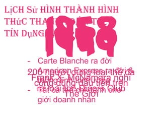 Lịch sử hình thành hình
thức thanh toán thẻ
tín dụng …
1949
Frank X. McNamara nghĩ
ra loại thẻ Diners Club
1950
200 người dùng loại thẻ đa
công dụng đầu tiên trên
Thế Giới
1958
- Carte Blanche ra đời
- American Express ra đời &
thống lĩnh thị trường
- Tất cả thẻ chỉ dành cho
giới doanh nhân
 