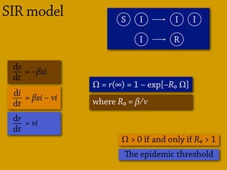 SIR model
ds
dt
= –βsi—
di
dt
= βsi – νi—
= νi
dr
dt
—
S I I I
I R
Ω = r(∞) = 1 – exp[–R₀ Ω]
where R₀ = β/ν
Ω > 0 if and only if R₀ > 1
e epidemic threshold
 