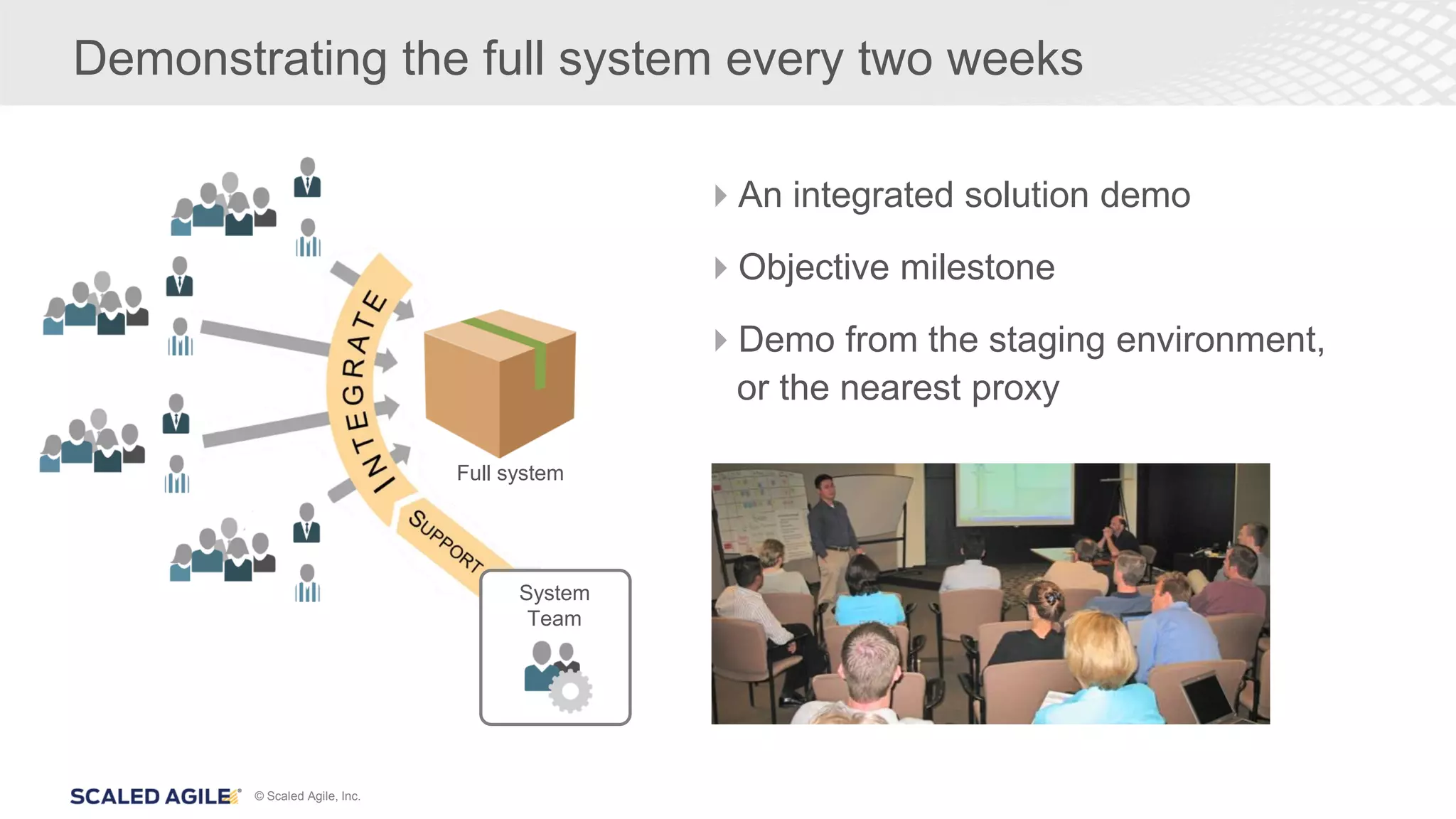 © Scaled Agile, Inc.
Demonstrating the full system every two weeks
An integrated solution demo
Objective milestone
Demo from the staging environment,
or the nearest proxy
Full system
System
Team
 