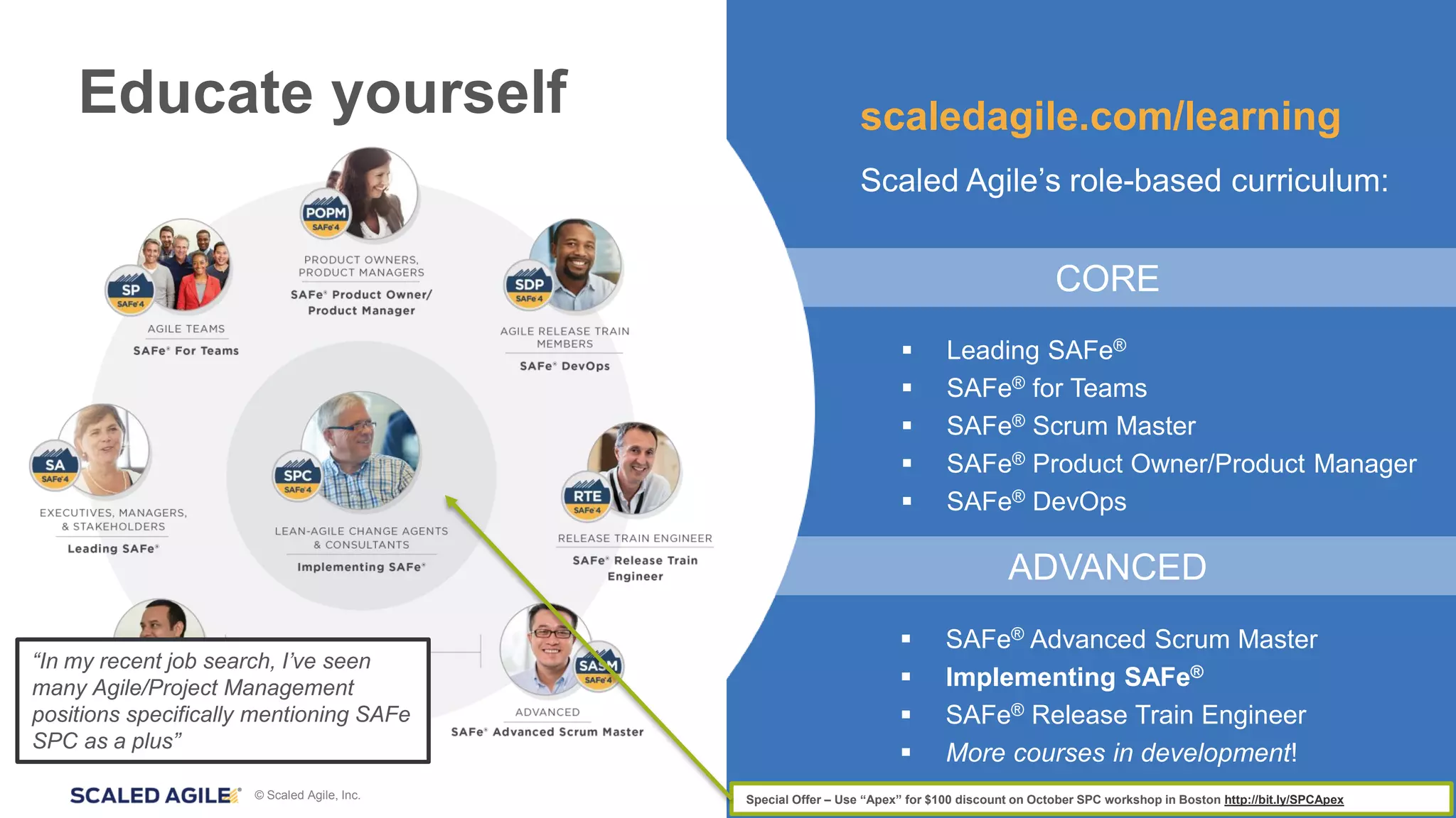 © Scaled Agile, Inc.
▪ Leading SAFe®
▪ SAFe® for Teams
▪ SAFe® Scrum Master
▪ SAFe® Product Owner/Product Manager
▪ SAFe® DevOps
CORE
ADVANCED
▪ SAFe® Advanced Scrum Master
▪ Implementing SAFe®
▪ SAFe® Release Train Engineer
▪ More courses in development!
scaledagile.com/learning
Scaled Agile’s role-based curriculum:
Educate yourself
Special Offer – Use “Apex” for $100 discount on October SPC workshop in Boston http://bit.ly/SPCApex
“In my recent job search, I’ve seen
many Agile/Project Management
positions specifically mentioning SAFe
SPC as a plus”
 