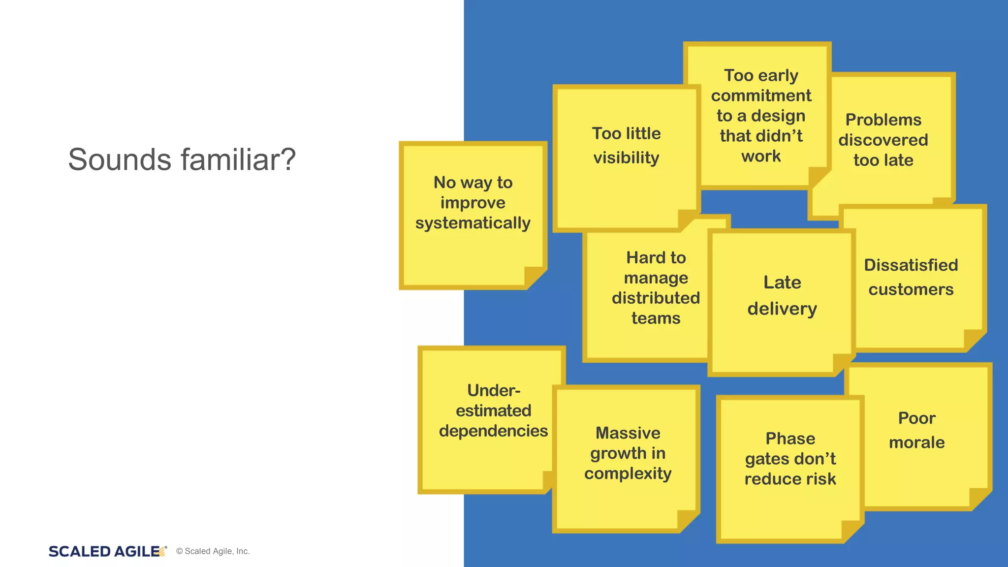 © Scaled Agile, Inc.
Problems
discovered
too lateSounds familiar?
Too early
commitment
to a design
that didn’t
work
Dissatisfied
customers
Poor
morale
Hard to
manage
distributed
teams
Phase
gates don’t
reduce risk
Under-
estimated
dependencies Massive
growth in
complexity
No way to
improve
systematically
Late
delivery
Too little
visibility
 